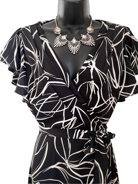 DKNY Black & White Floral Wrap Dress with Tie Waist